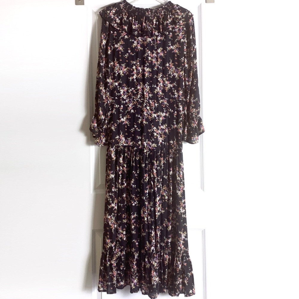 Sonmer‎ Lola Dress Sz XL Black Floral Ankle Length Ruffled Midi Asymetric V Neck - Picture 2 of 16